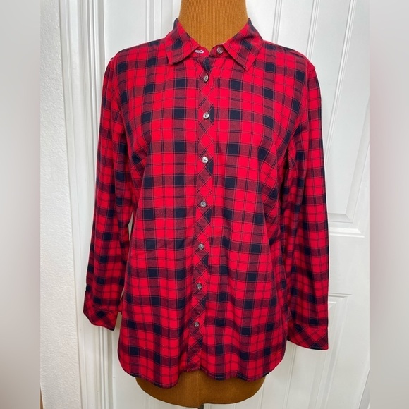Talbots Tops - Talbots Button Front Shirt Red Black Plaid Cotton Size Medium Petite